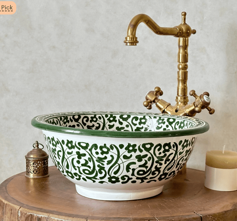 Green and White Ceramic Sink with Floral Design - Undermount, Drop-In, or Vessel Mount Basin