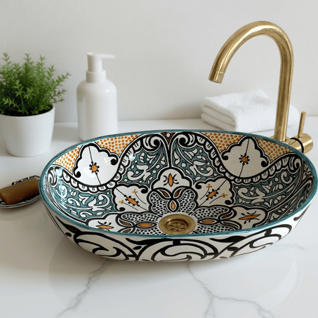 Oval Ceramic Basin, Colorful Artisanal Countertop Sink for Vanity