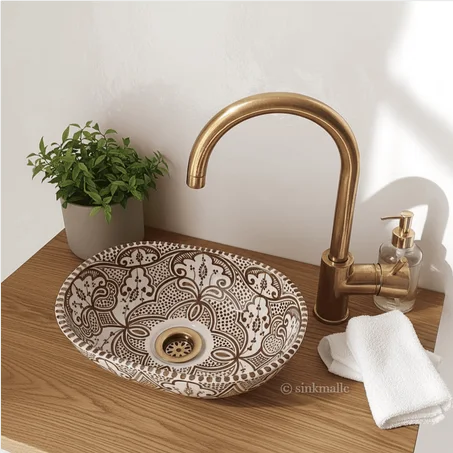 Oval Hand-Painted Ceramic Sink, Moroccan Bathroom Basin, Artisan Washbasin (Copper Drain Included)