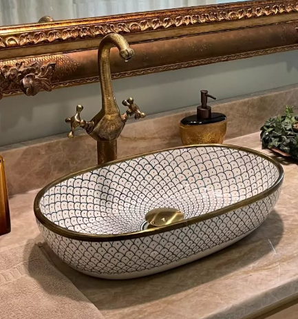 Oval Bathroom Sink Vanity Centerpiece Wrapped with Solid Brass - Handcrafted Porcelain Vessel Sink - Moroccan Oval Basin -