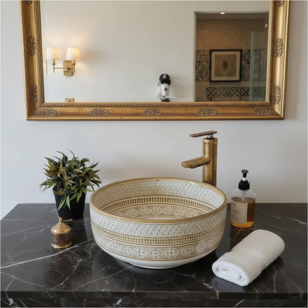 Handmade Moroccan Ceramic Vessel Sink, Copper Drain, free shipping