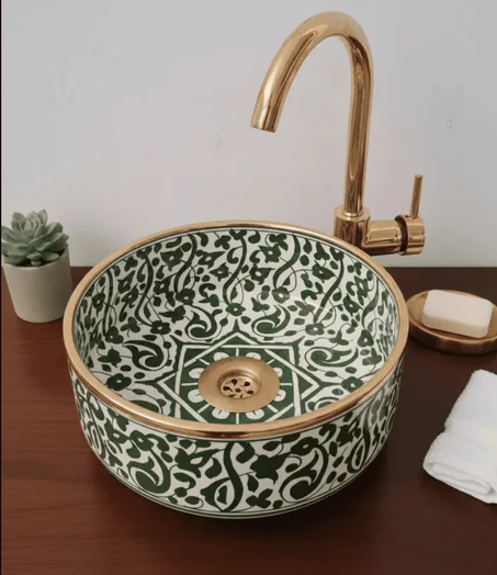 14 Karat Gold & Green Flower Washbasin Ceramic Bathroom Vessel - CUSTOMIZABLE  Bathroom Sink - free shipping