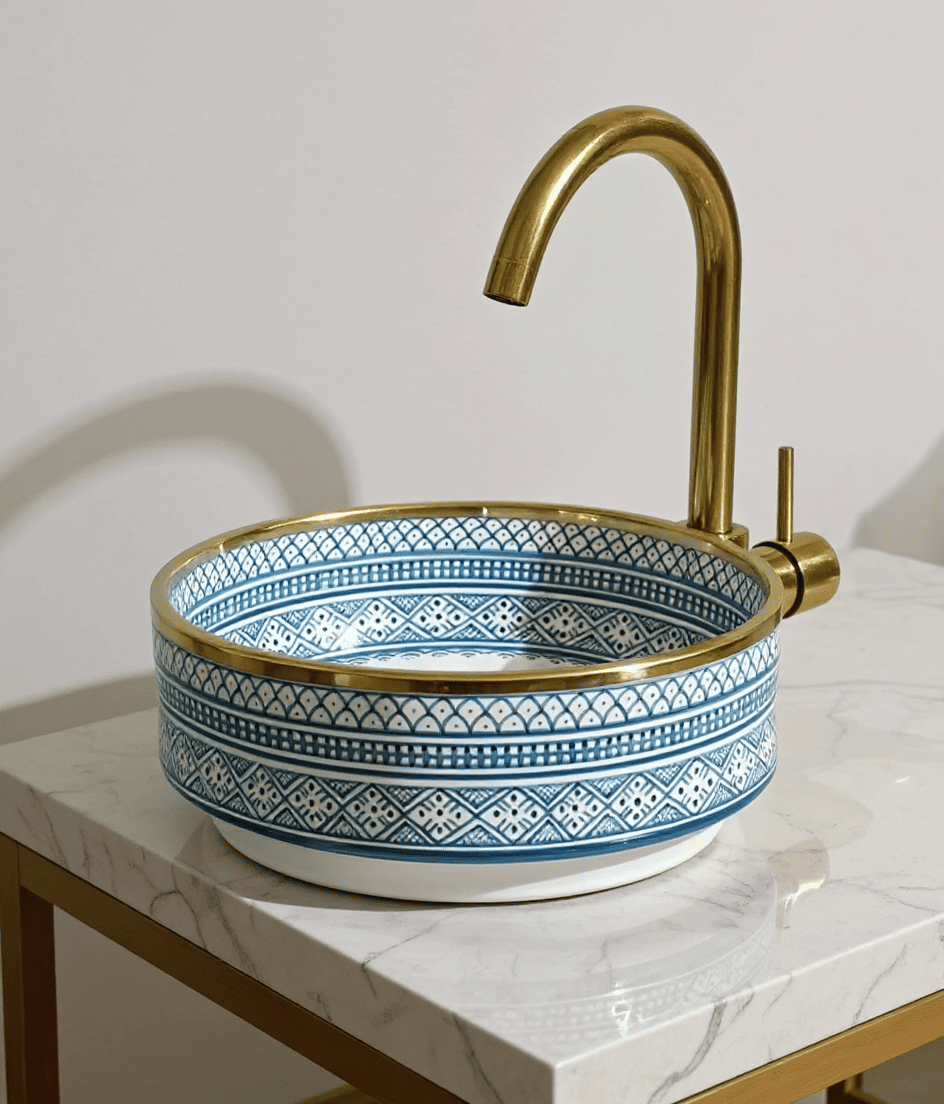 Hand-Painted Moroccan Ceramic Sink, Artisanal Round Vessel Basin from Fes