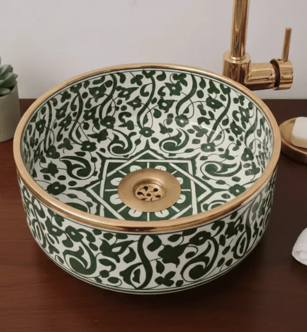 14 Karat Gold & Green Flower Washbasin Ceramic Bathroom Vessel - CUSTOMIZABLE  Bathroom Sink - free shipping
