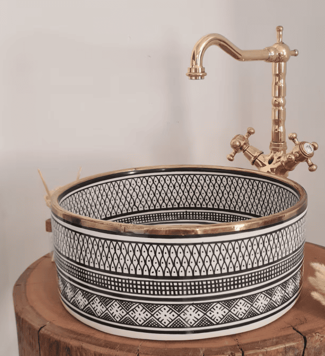 Custom Made Ceramic Black Bathroom Sink - Vessel UpMount Handmade Ceramic Basin - Brushed Brass Rim Bathroom Sink