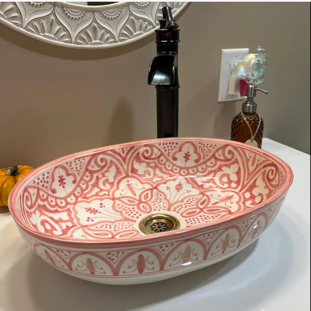 Hand-Painted Oval Ceramic Basin, Colorful Bathroom Vanity Sink