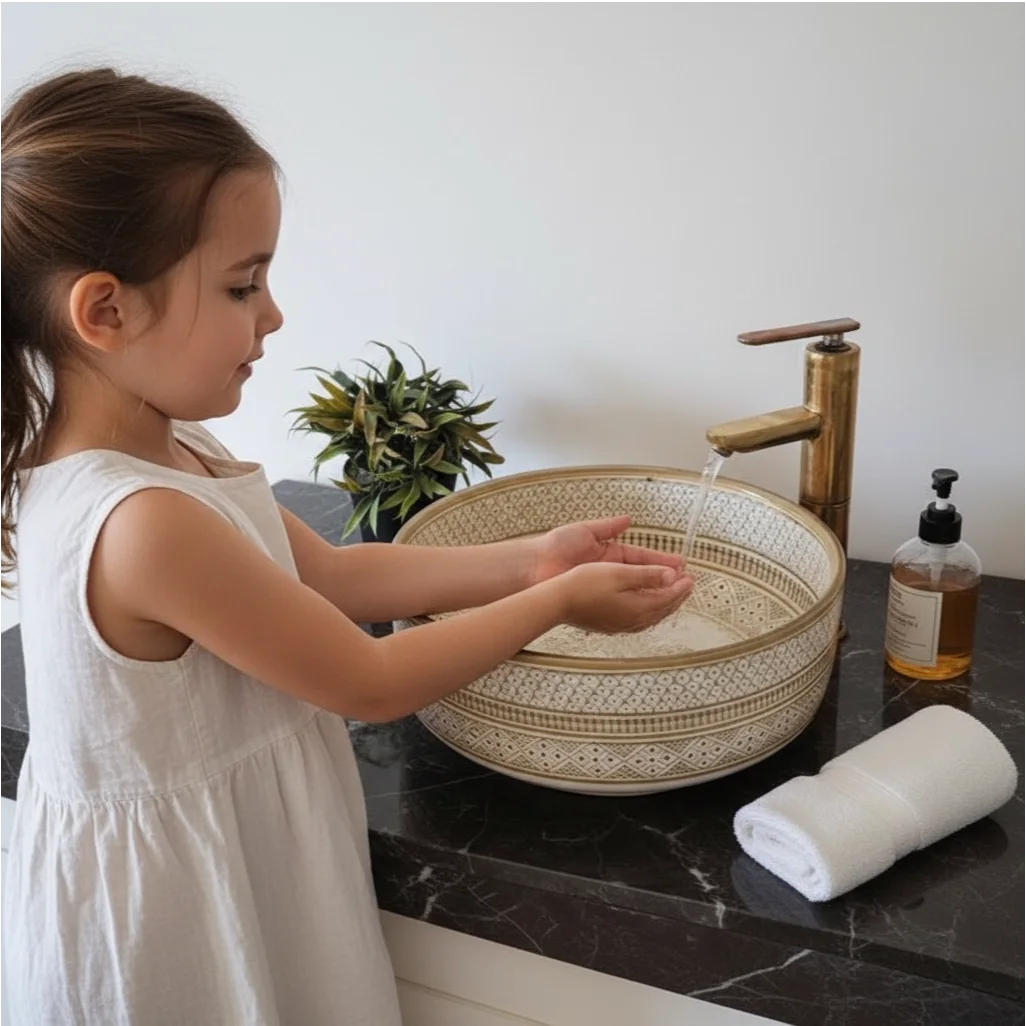 Handmade Moroccan Ceramic Vessel Sink, Copper Drain, free shipping