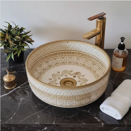 Handmade Moroccan Ceramic Vessel Sink, Copper Drain, free shipping