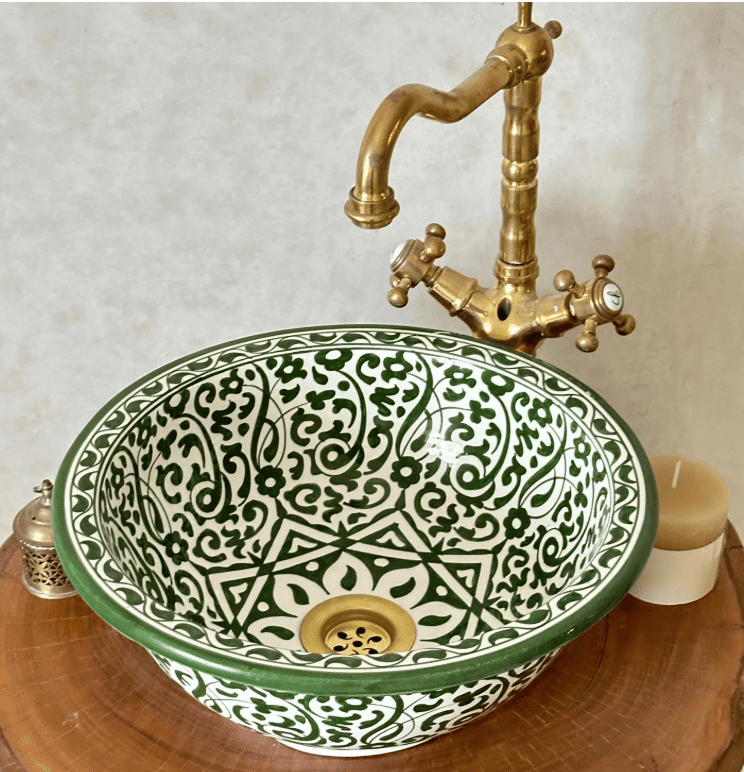 Green and White Ceramic Sink with Floral Design - Undermount, Drop-In, or Vessel Mount Basin