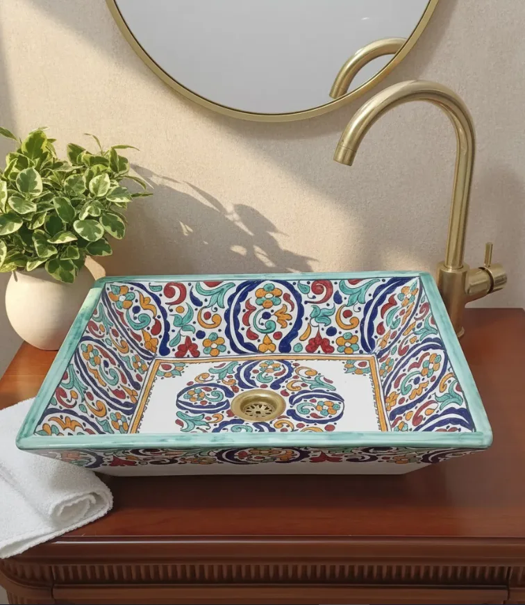 Moroccan Ceramic Bathroom Sink -  Rectangular ceramic  Sink with Arabesque Pattern