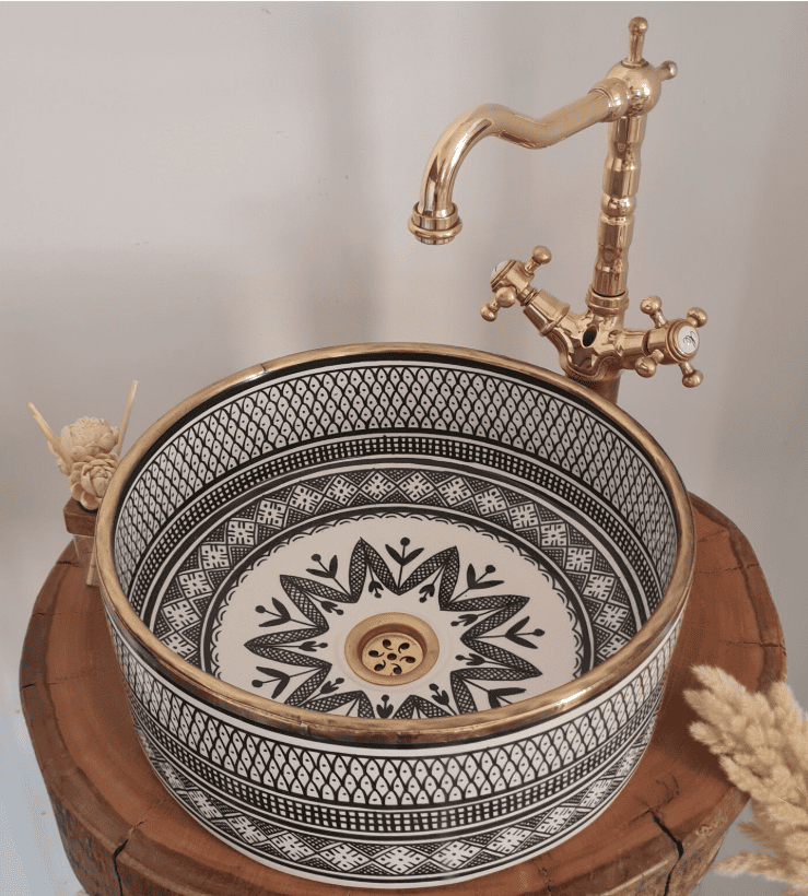 Custom Made Ceramic Black Bathroom Sink - Vessel UpMount Handmade Ceramic Basin - Brushed Brass Rim Bathroom Sink