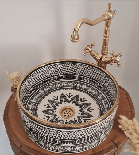 Custom Made Ceramic Black Bathroom Sink - Vessel UpMount Handmade Ceramic Basin - Brushed Brass Rim Bathroom Sink
