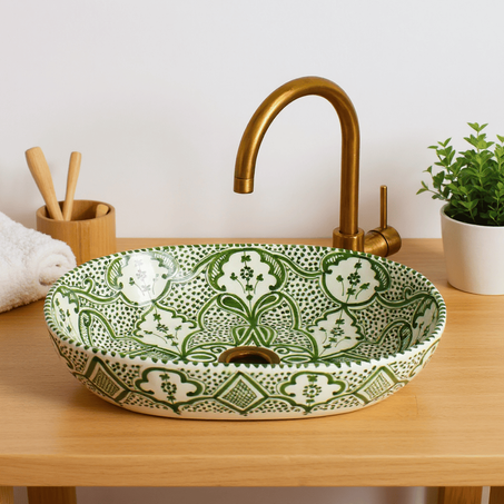 Oval Ceramic Bathroom Basin, Colorful Artisanal Countertop Sink for Vanity