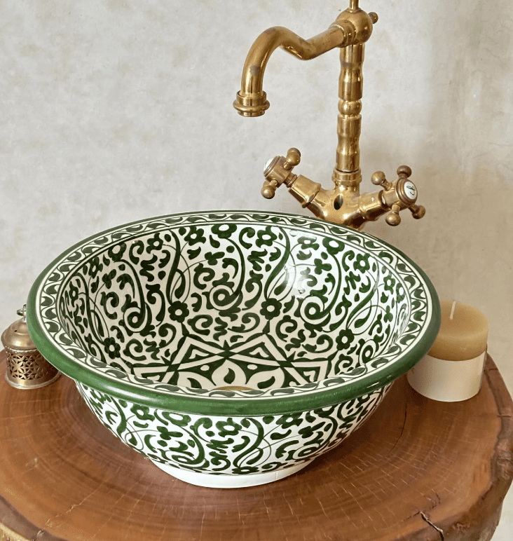 Green and White Ceramic Sink with Floral Design - Undermount, Drop-In, or Vessel Mount Basin