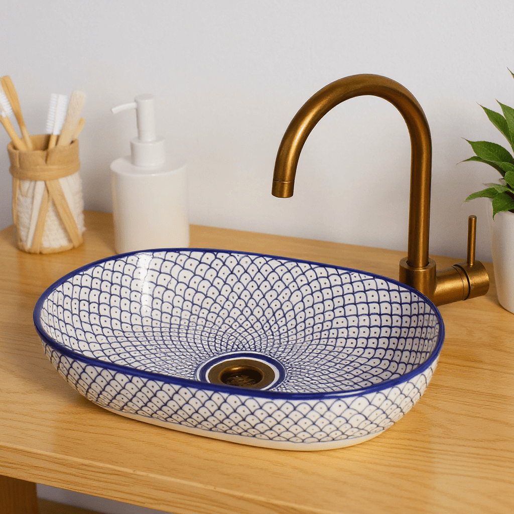 Artisanal Oval Ceramic Wash Basin, Colorful Countertop Sink