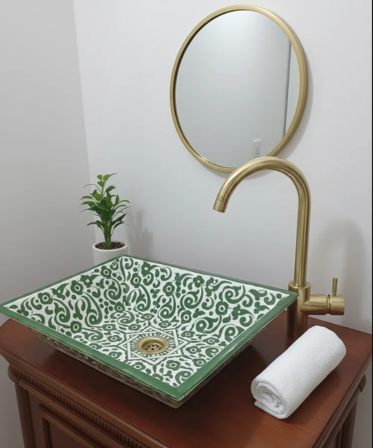 Handmade Moroccan Ceramic Sink: Rectangular Arabesque Washbasin