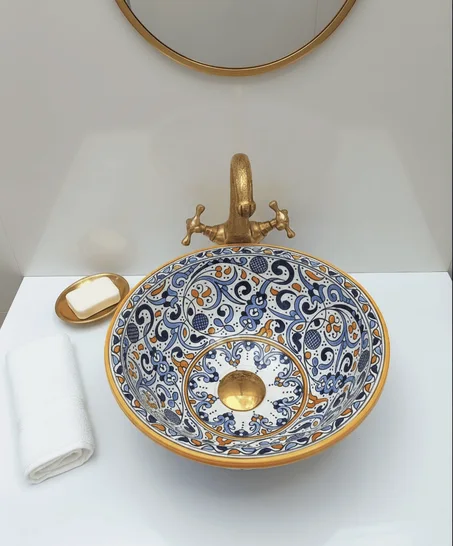 Ceramic Vessel Sink, Bathroom Sink Bowl with Geometric Pattern, Artisan Blue Ceramic Washbasin for Bathroom Vanity, Boho  Sink