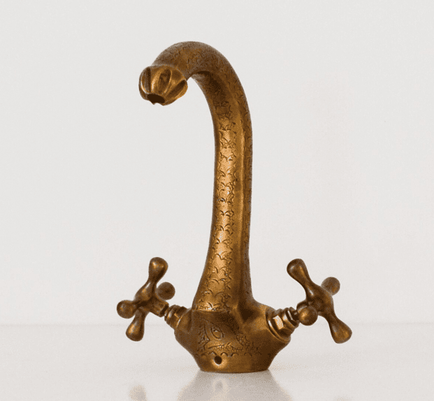 Engraved Antique Looking Bronze Faucet,Handcrafted Vanity Sink Faucet, Single Hole Brass Vanity Faucet for Bathroom