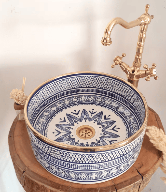 Custom Made Green Ceramic Sink with Brass Rim - Bathroom Vanity Centerpiece for Eco-Friendly Decor
