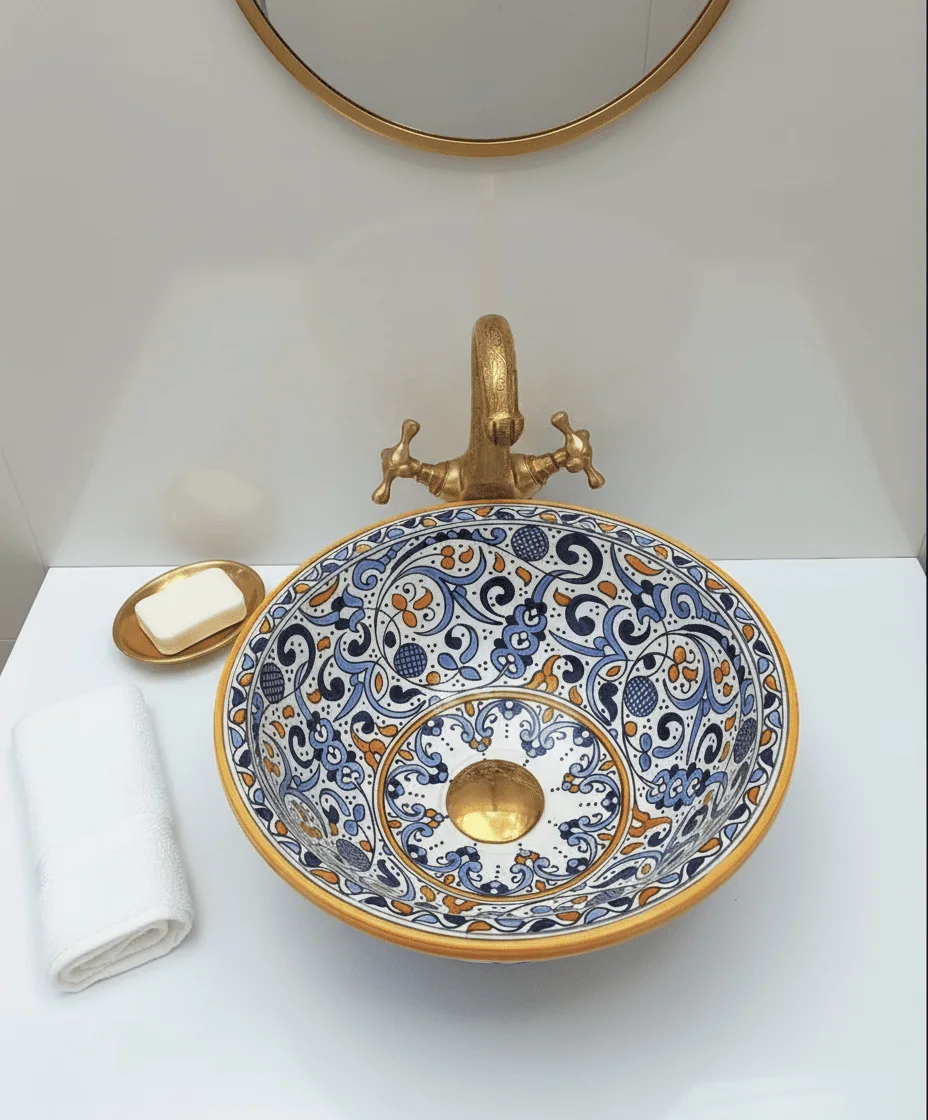 Ceramic Vessel Sink, Bathroom Sink Bowl with Geometric Pattern, Artisan Blue Ceramic Washbasin for Bathroom Vanity, Boho  Sink