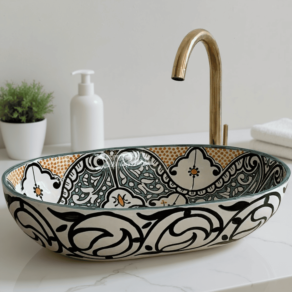 Oval Ceramic Basin, Colorful Artisanal Countertop Sink for Vanity