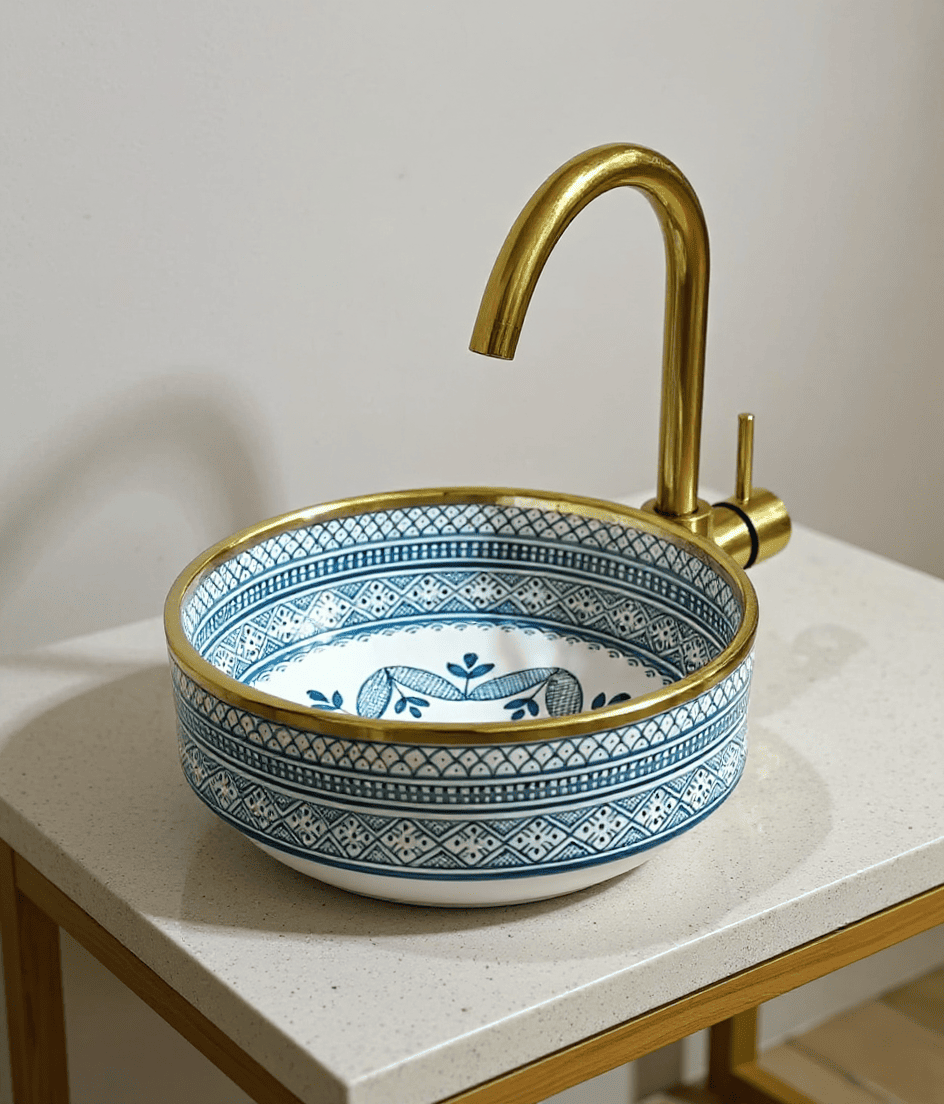 Hand-Painted Moroccan Ceramic Sink, Artisanal Round Vessel Basin from Fes
