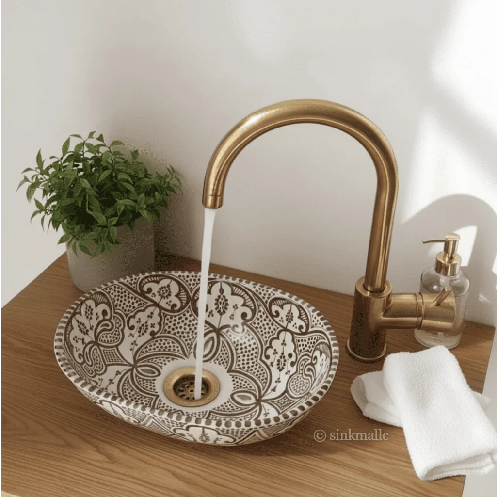 Oval Hand-Painted Ceramic Sink, Moroccan Bathroom Basin, Artisan Washbasin (Copper Drain Included)