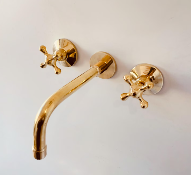 Brass  Wall Mount Faucet, Vintage Bathroom Sink with Cross Handles