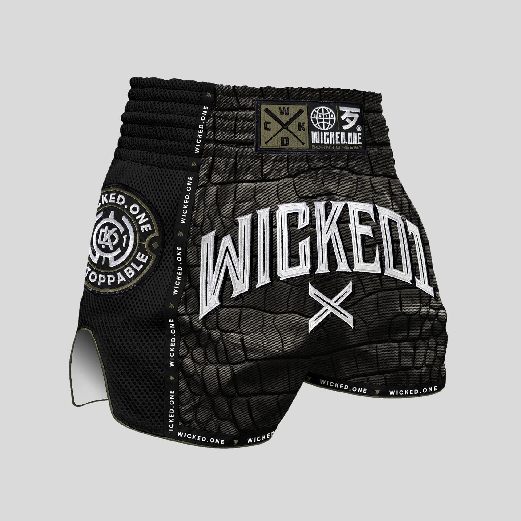 MUAY THAI SHORTS CAIMANN KHAKI / BLACK
