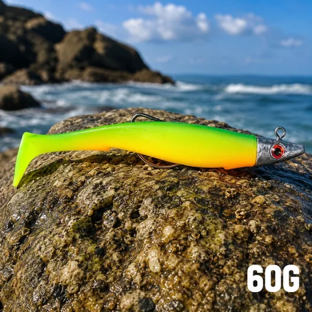🎣 طُعم صيد سيليكون احترافي برأس معدني وذيل متحرك 60G