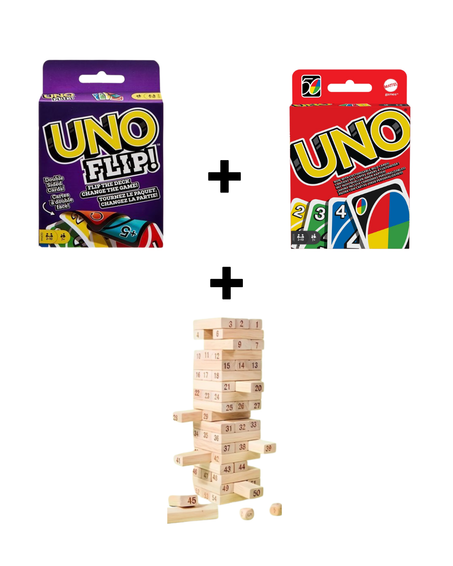 🎯 باقة الألعاب العائلية – UNO + UNO Flip + Jenga