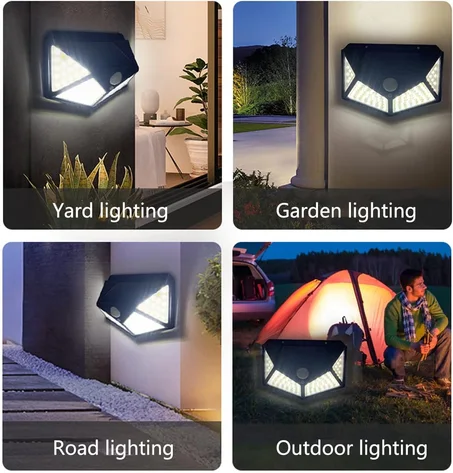 مصابيح حائط خارجية تعمل بالطاقة الشمسية بزاوية واسعة 270 درجة مع جهاز استشعار حركة و100 مصباح LED بتصنيف IP65 لمقاومة المياه والغبار للحديقة من اي سي في مجموعة 4 قطع بلون أسود بلاستيك