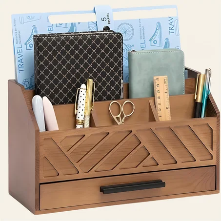 منظم مكتب خشبي بني اللون مع درج ومنظم للفواتير البريدية وحامل بريد الملفات للوازم المكتبية