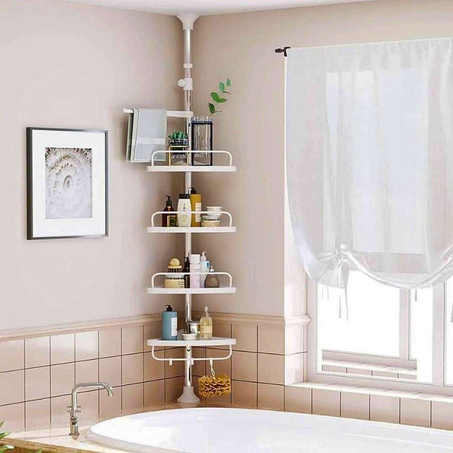 🛁 رف الزاوية العمودي 4 مستويات – بدون حفر – مقاوم للصدأ 🧼