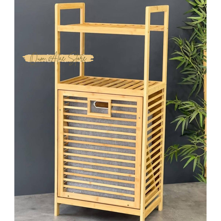 🧺🌿 سلة غسيل بامبو مع رفوف تخزين – تصميم عصري أنيق