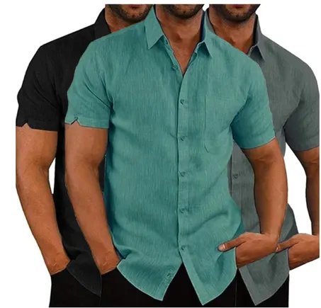 الصيف القطن قميص كتان للرجال قمصان عادية بأكمام قصيرة البلوزات الصلبة بدوره إلى أسفل طوق قمصان الشاطئ الرسمية الذكور الملابس