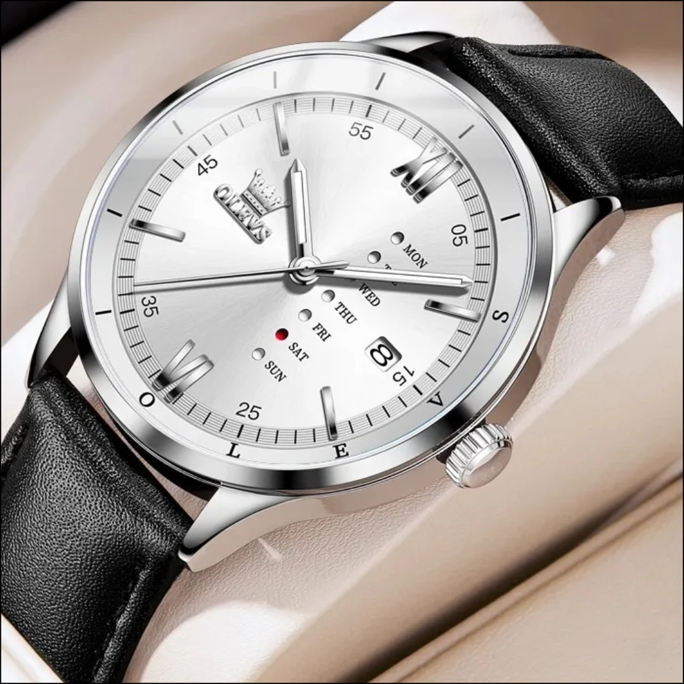 Montre Habillée OLEVS 2931 pour Hommes - Écran Semaine, Étanche, Lumineuse avec Bracelet en Cuir