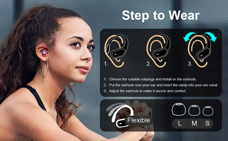 new wireless earbuds for running sports wireless earphones with earhooks pure bass sound 60h over ear headphones with dual led display ipx7 waterproof earphones built in microphone noise cancelling headset red details 1