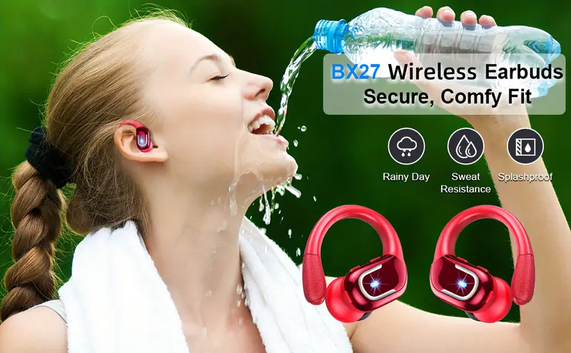 new wireless earbuds for running sports wireless earphones with earhooks pure bass sound 60h over ear headphones with dual led display ipx7 waterproof earphones built in microphone noise cancelling headset red details 3