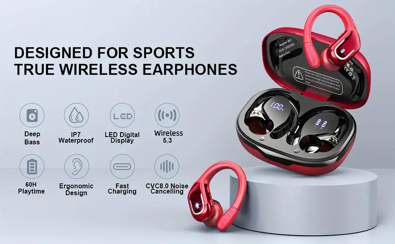 new wireless earbuds for running sports wireless earphones with earhooks pure bass sound 60h over ear headphones with dual led display ipx7 waterproof earphones built in microphone noise cancelling headset red details 0