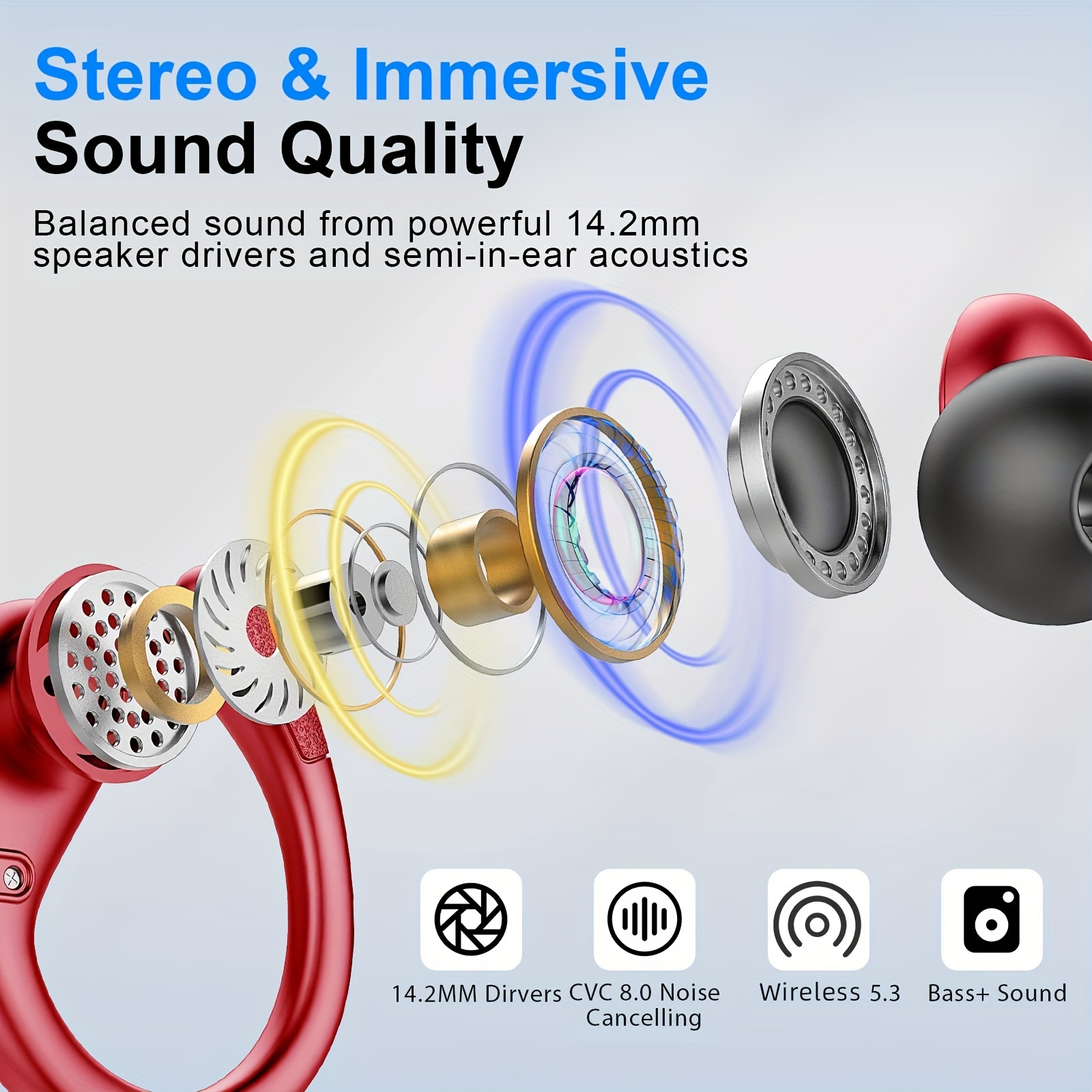 New Wireless Earphones for Sports, Wireless Earbuds with Ear Hooks, Pure Bass Sound, 60H Over-Ear Headphones with Dual LED Display, IPX7 Waterproof Earbuds,