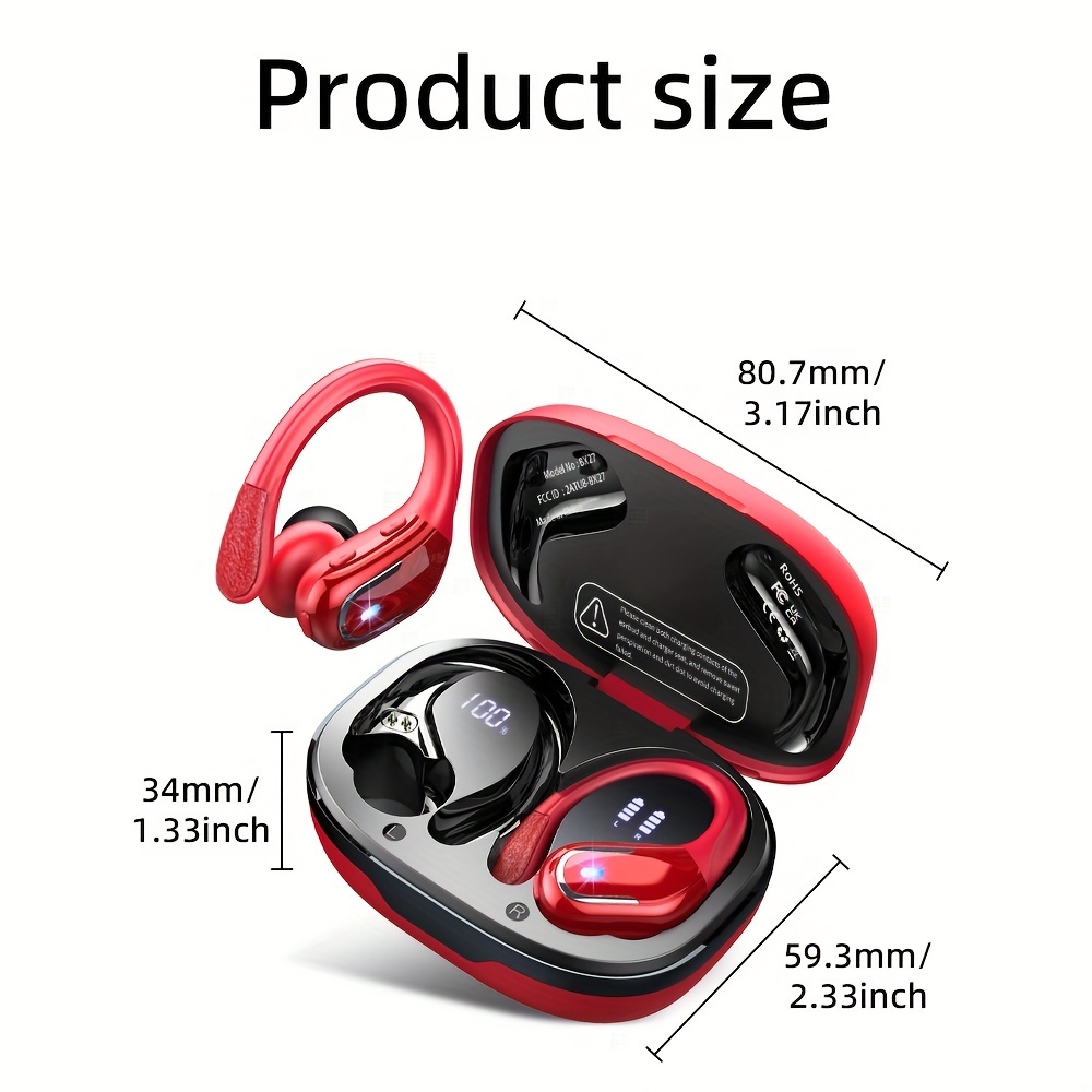 New Wireless Earphones for Sports, Wireless Earbuds with Ear Hooks, Pure Bass Sound, 60H Over-Ear Headphones with Dual LED Display, IPX7 Waterproof Earbuds,