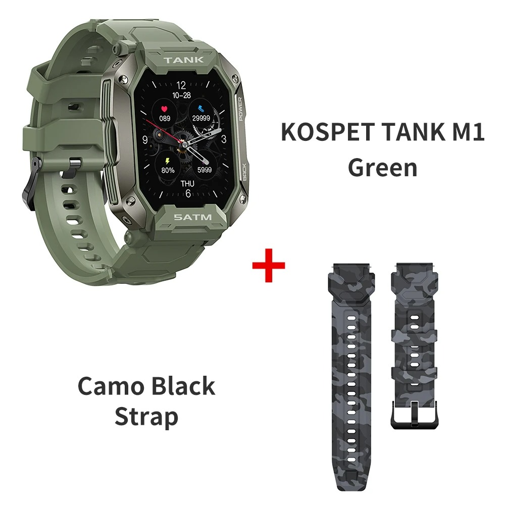 Original KOSPET TANK M1 Smartwatch Männer Frauen 24 Sport Modi 5ATM IP69K Wasserdicht Grün Schwarz Ultra Military Smart Uhr Für männer