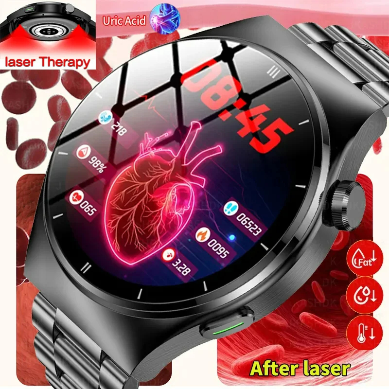 GUHUAVMI Smartwatch Laser therapie Blutzucker Harnsäure Bluetooth Anruf Smartwatch Männer Herzfrequenz Voll-Touchscreen