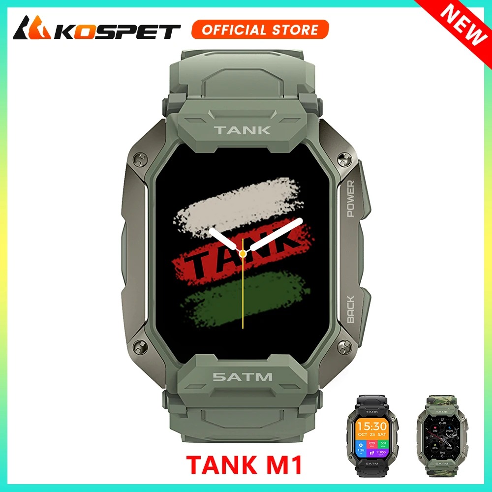 Original KOSPET TANK M1 Smartwatch Männer Frauen 24 Sport Modi 5ATM IP69K Wasserdicht Grün Schwarz Ultra Military Smart Uhr Für männer