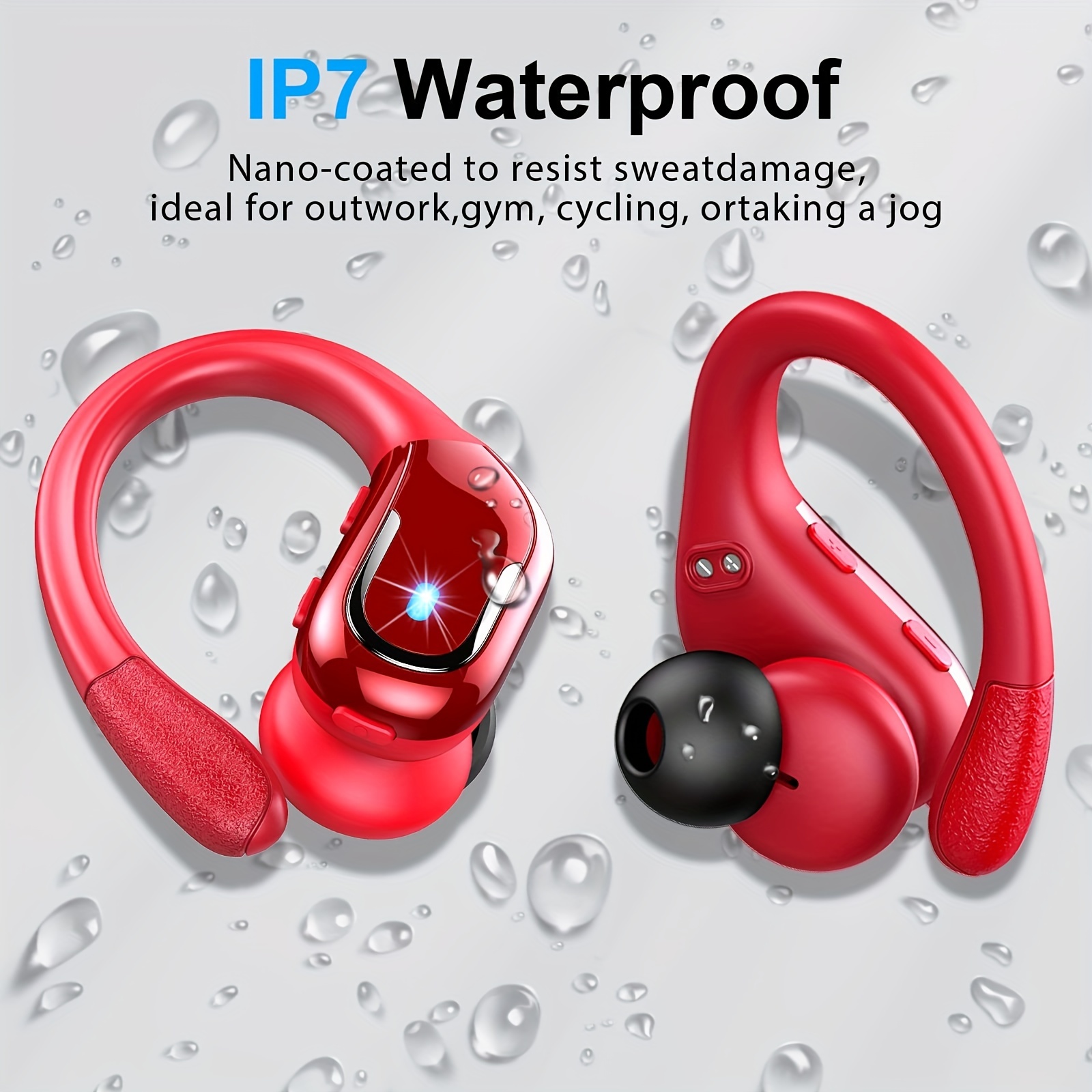 New Wireless Earphones for Sports, Wireless Earbuds with Ear Hooks, Pure Bass Sound, 60H Over-Ear Headphones with Dual LED Display, IPX7 Waterproof Earbuds,