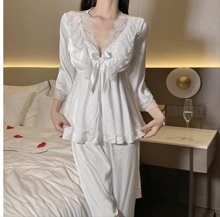 المرأة مثير بيجامة الساتان مجموعة الصلبة الخامس الرقبة الدانتيل تقليم القوس ديكور بلوزات وسراويل تنفس النسيج للبالغين الملابس الداخلية ملابس خاصة Pjs
