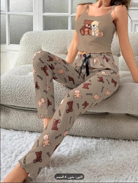 طقم بيجامة نسائي بطبعة دب لطيف بدون أكمام مع تفاصيل القوس - ملابس منزلية مريحة بطول الركبة، تصميم دب رمادي، مثالي للاستخدام في المنزل غير الرسمي