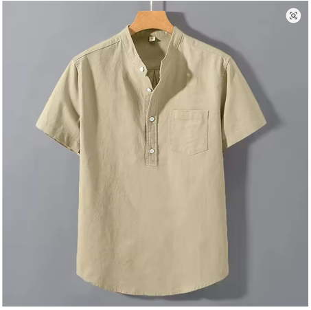 قميص رجالي جديد بأكمام قصيرة وياقة واقفة بلون سادة صيفي عصري قابل للتنفس فضفاض من القطن الأساسي للشباب بجيب علوي