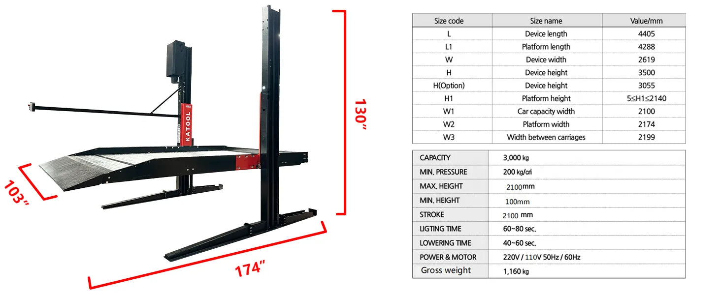 Katool KT-P2700 - 660lbs Capacity 2 Post Parking Lift Diagram 1